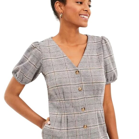 Loft Plaid Puff Sleeve Pocket Dress Neutral Tan Black Plaid Size 8 - Picture 5 of 10